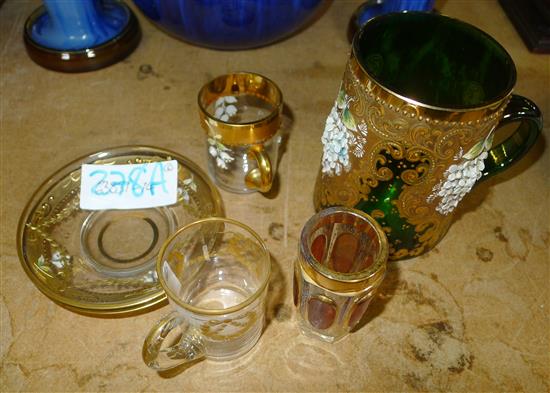 Bohemian glass mug, 2 coffee cups, saucers and beakers